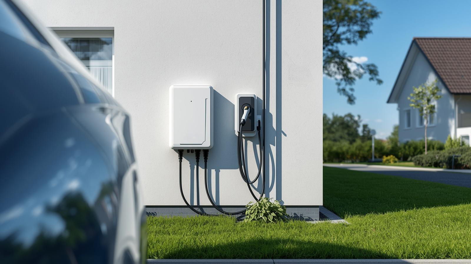 rofessionell installierte Wallbox an der Hauswand eines Einfamilienhauses in Harsewinkel – E-Auto Ladestation von Elektro Mersmann